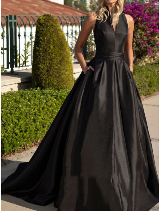 A-Line Evening Gown Party Dress Elegant Dress Formal Fall Sweep / Brush Train Sleeveless V Neck Satin with Pleats dress