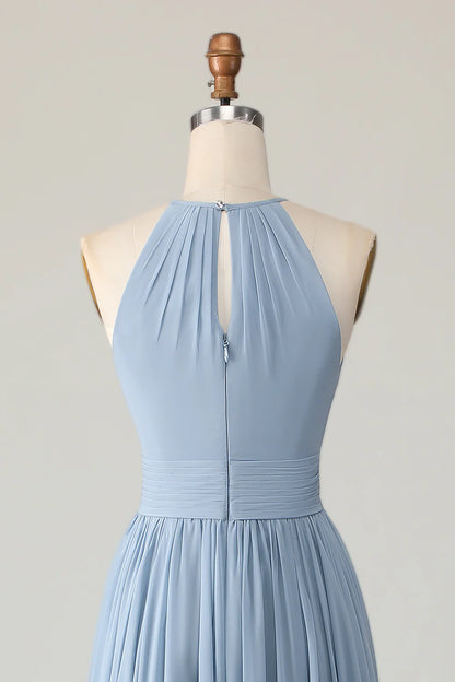Dusty Blue Ruched Chiffon Halter Long Bridesmaid Dress with Keyhole