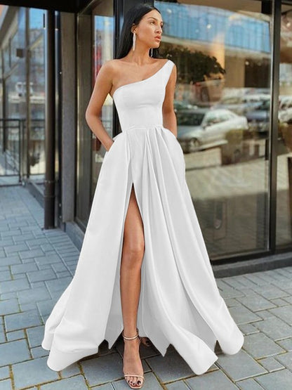 A-Line/Princess Satin Ruffles One-Shoulder Sleeveless Floor-Length Dresses