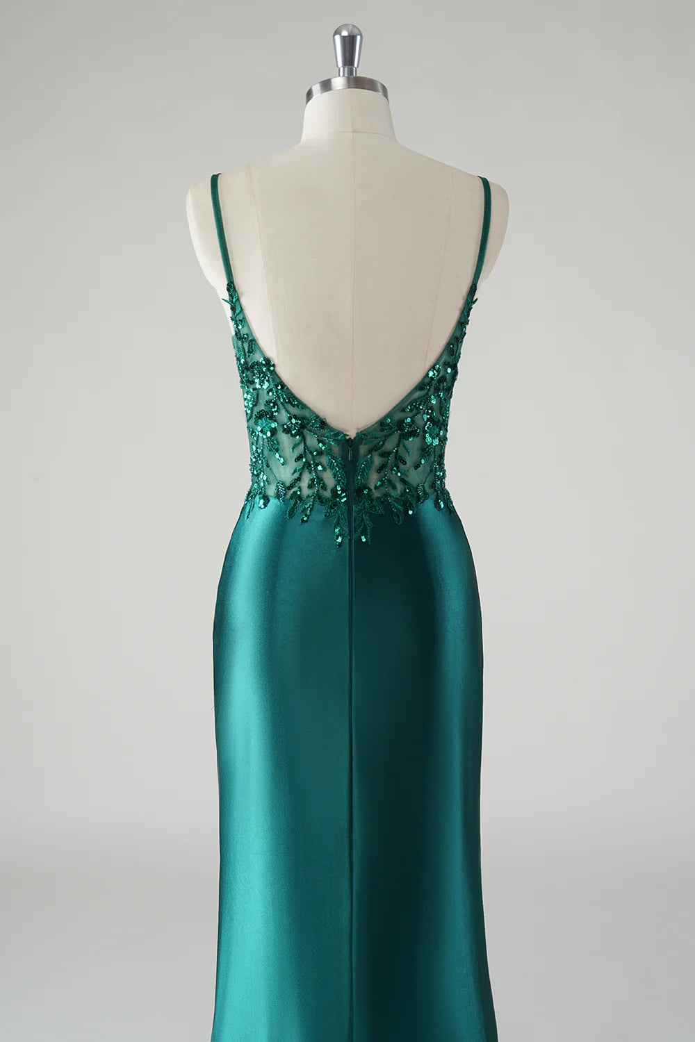 Sparkly Spaghetti Straps Dark Green Floral Satin Prom Dress with Slit