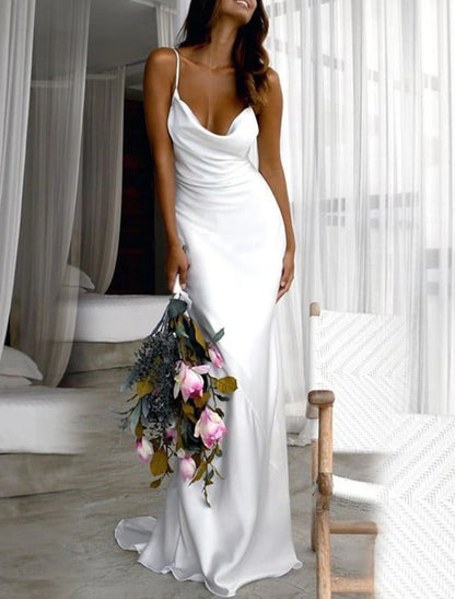 Wedding Dresses Sheath Square Neck Camisole Spaghetti Strap  Train Stretch Fabric Bridal Gowns With Ruched Solid Color Beach Simple Wedding Dresses Sheath / Column Square Neck Camisole Spaghetti Strap Sweep / Brush Train Stretch Fabric Bridal Gowns