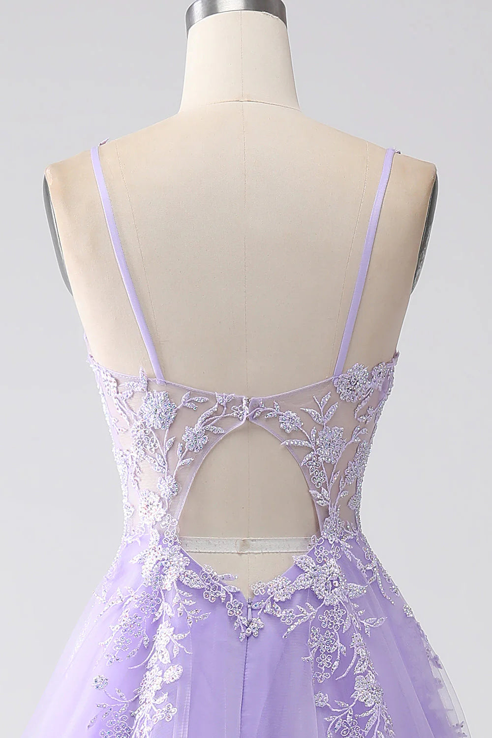 Lilac A-Line Spaghetti Straps Tulle Long Prom Dress With Appliques