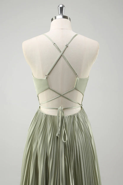 Green Pleated Spaghetti Straps Long Bridesmaid Dress