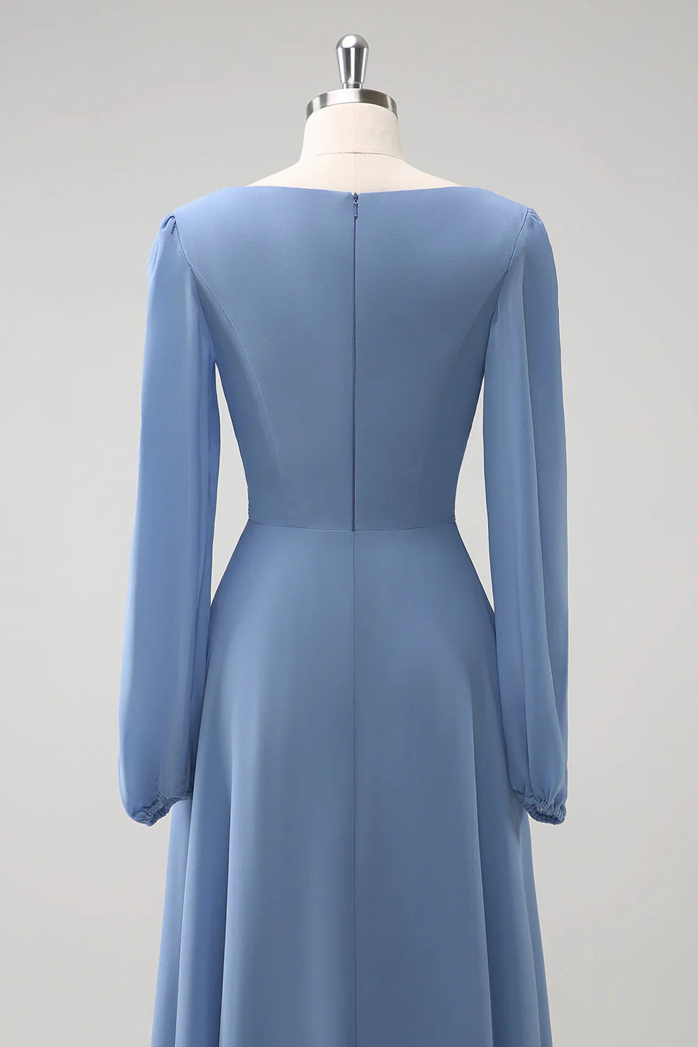 A Line Grey Blue V-Nack Chiffon Bridesmaid Dress With Long Sleeves