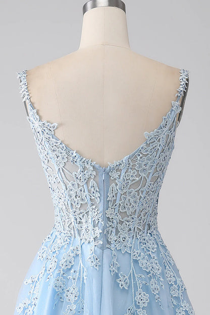 A-Line Light Blue Corset Prom Dress With Appliques