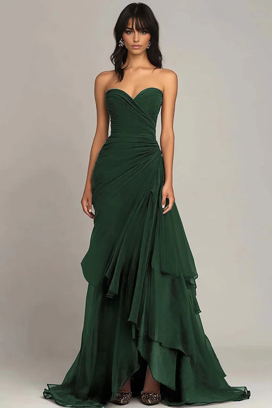 Dark Green Sweetheart Ruched Ruffled Formal Dress