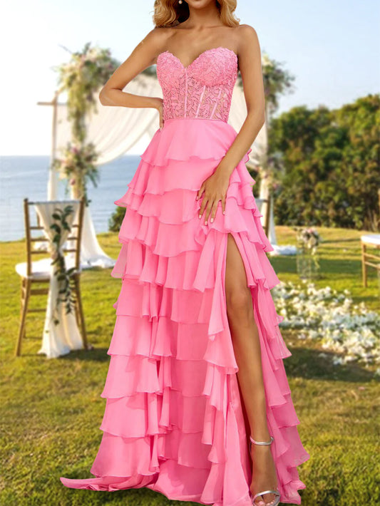 A-Line/Princess Strapless Long Prom Evening Party Dresses with Sequins & Split Side