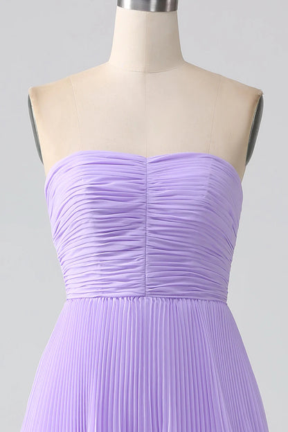 A-Line Sweetheart Lilac Tiered Chiffon Long Bridesmaid Dress With Pleated