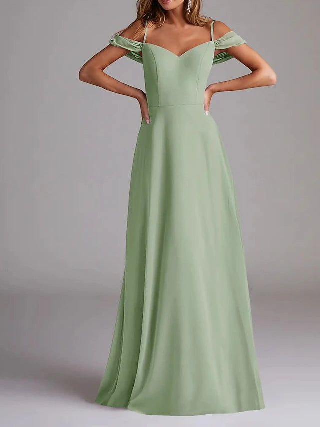 A-Line Bridesmaid Dress Spaghetti Strap Short Sleeve Elegant Floor Length Chiffon with Solid Color