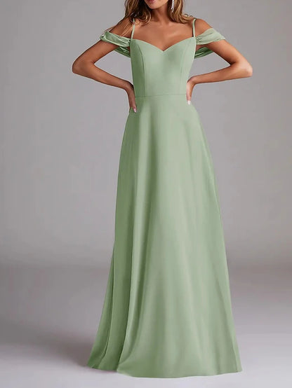 A-Line Bridesmaid Dress Spaghetti Strap Short Sleeve Elegant Floor Length Chiffon with Solid Color