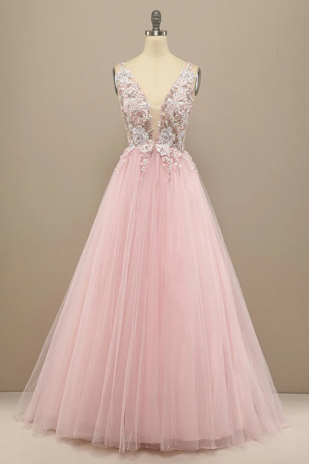 Gorgeous Deep V Neck Grey/Pink Prom Dress With Appliques