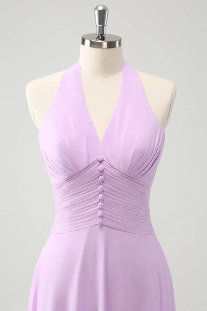 Purple A Line Halter Chiffon Long Backless Bridesmaid Dress