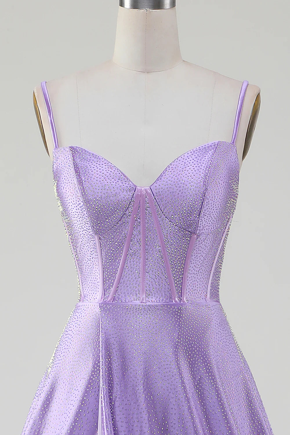 Simple Sparkly Lilac A-Line Side Slit Corset Prom Dresses With Rhinestones