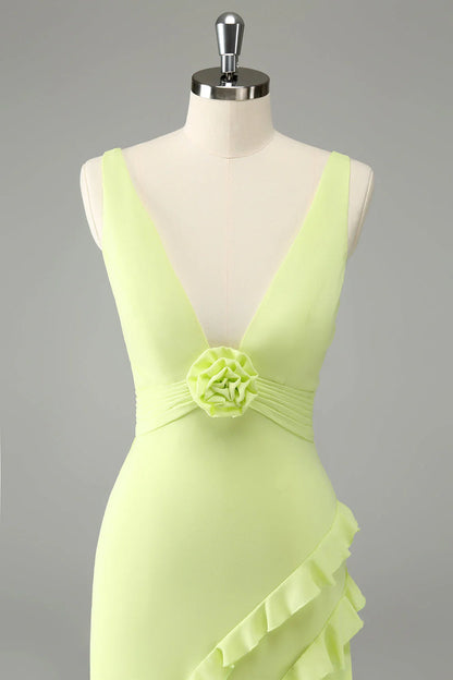 Lime Deep V Neck Ruffles Wedding Guest Dress With Slit