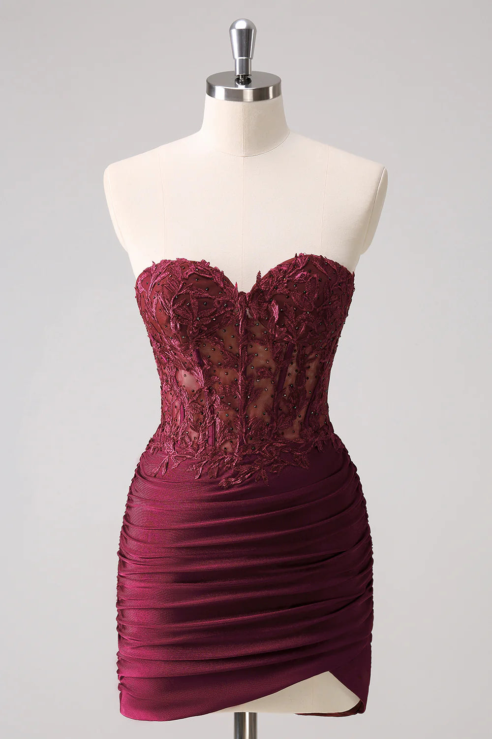 Burgundy Strapless Corset Pleated Tight Homecoming Dress with Appliques