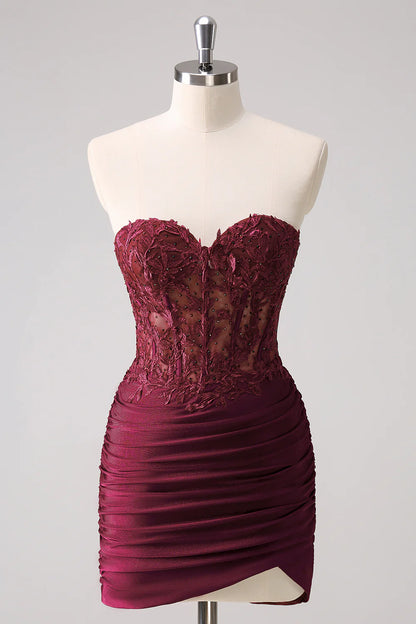 Burgundy Strapless Corset Pleated Tight Homecoming Dress with Appliques