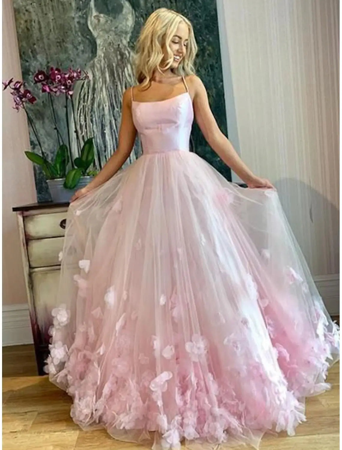 A-Line Prom Dresses Floral Dress Performance Wedding Guest Floor Length Sleeveless Spaghetti Strap Tulle with Pleats Appliques Masquerade Dress