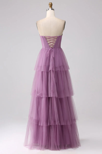 Purple A Line Tulle Tiered Pleated Long Prom Dress With Slit