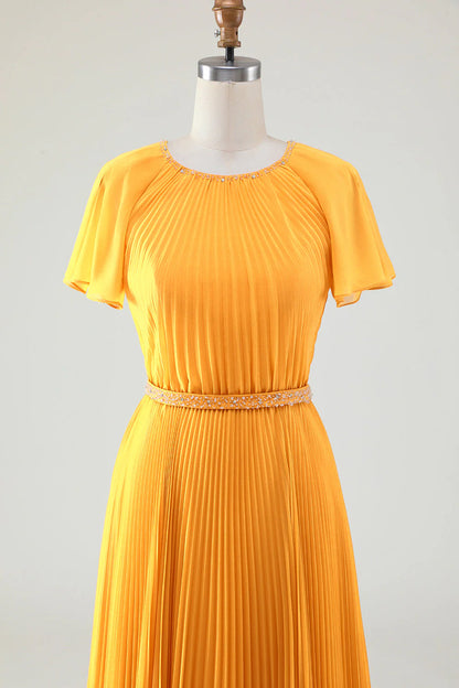 A-Line Round Neck Pleated Yellow Mother Of Bride Dress With Short Sleeves