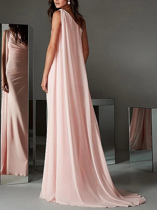 Beach Wedding Sheath Evening Gown Elegant Dress Engagement Formal Evening Sweep / Brush Train Sleeveless One Shoulder Chiffon with Sleek Masquerade Dress