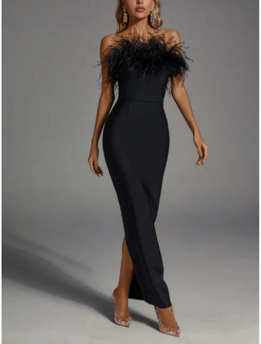 Column Black Wedding Guest Dresss Elegant Dress Formal Fall Ankle Length Sleeveless Strapless Stretch Fabric with Feather Slit dress