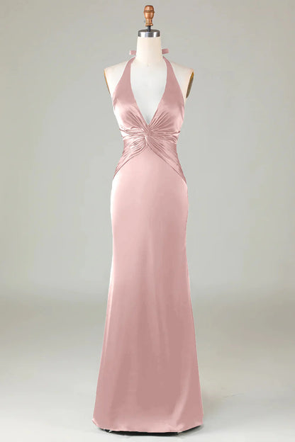 Taupe Sheath Halter Satin Long Bridesmaid Dress