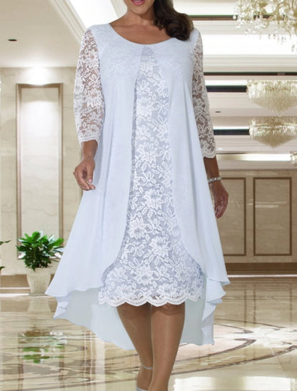 A-Line Mother of the Bride Dress Wedding Guest Elegant Plus Size Jewel Neck Knee Length Chiffon Lace Long Sleeve with Lace