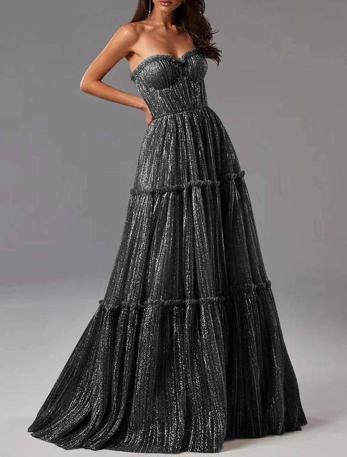 A-Line Evening Gown Glittering Dress Formal Wedding Guest Floor Length Sleeveless Strapless Tulle with Pleats dress to impress