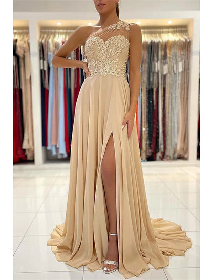 A-Line Prom Dresses Sexy Dress Formal Wedding Guest Court Train Sleeveless One Shoulder Chiffon with Slit Appliques