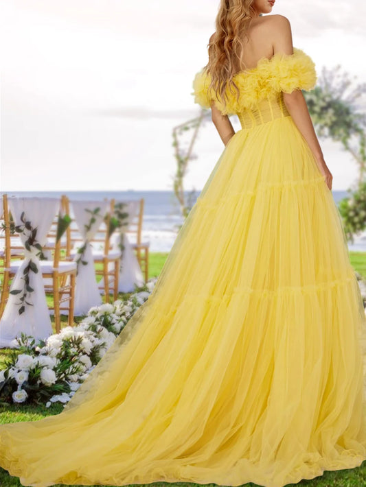A-Line/Princess Off-The-Shoulder Prom Dresses Tulle Evening Party Dress With Ruffles