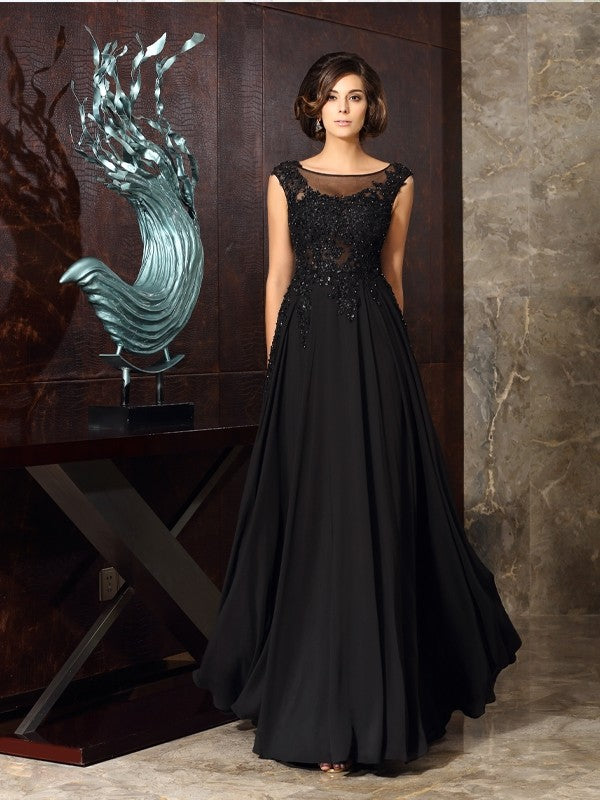 A-Line/Princess Scoop Applique Sleeveless Long Chiffon Mother of the Bride Dresses