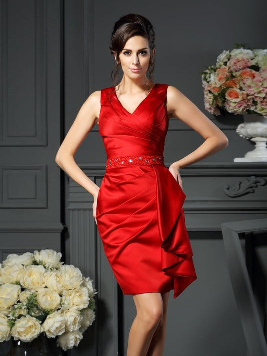 Sheath/Column V-neck Ruched Sleeveless Short Satin Mother of the Bride Dresses