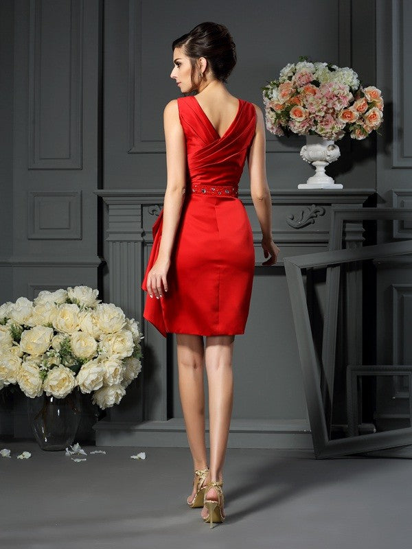 Sheath/Column V-neck Ruched Sleeveless Short Satin Mother of the Bride Dresses