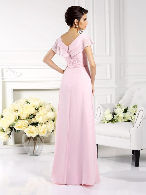 A-Line/Princess V-neck Ruffles Short Sleeves Long Chiffon Mother of the Bride Dresses