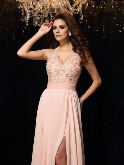 A-Line/Princess Halter Lace Sleeveless Long Chiffon Dresses