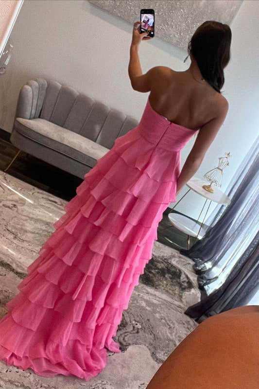 Chiffon Fuchsia Sweetheart Tiered Ruffles Prom Dress with Slit