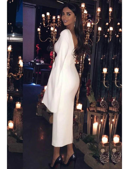 Sheath Cocktail Dresses Elegant Dress Wedding Guest Holiday Tea Length Long Sleeve Jewel Neck Fall Wedding Guest Jersey Backless with Sleek Pure Color