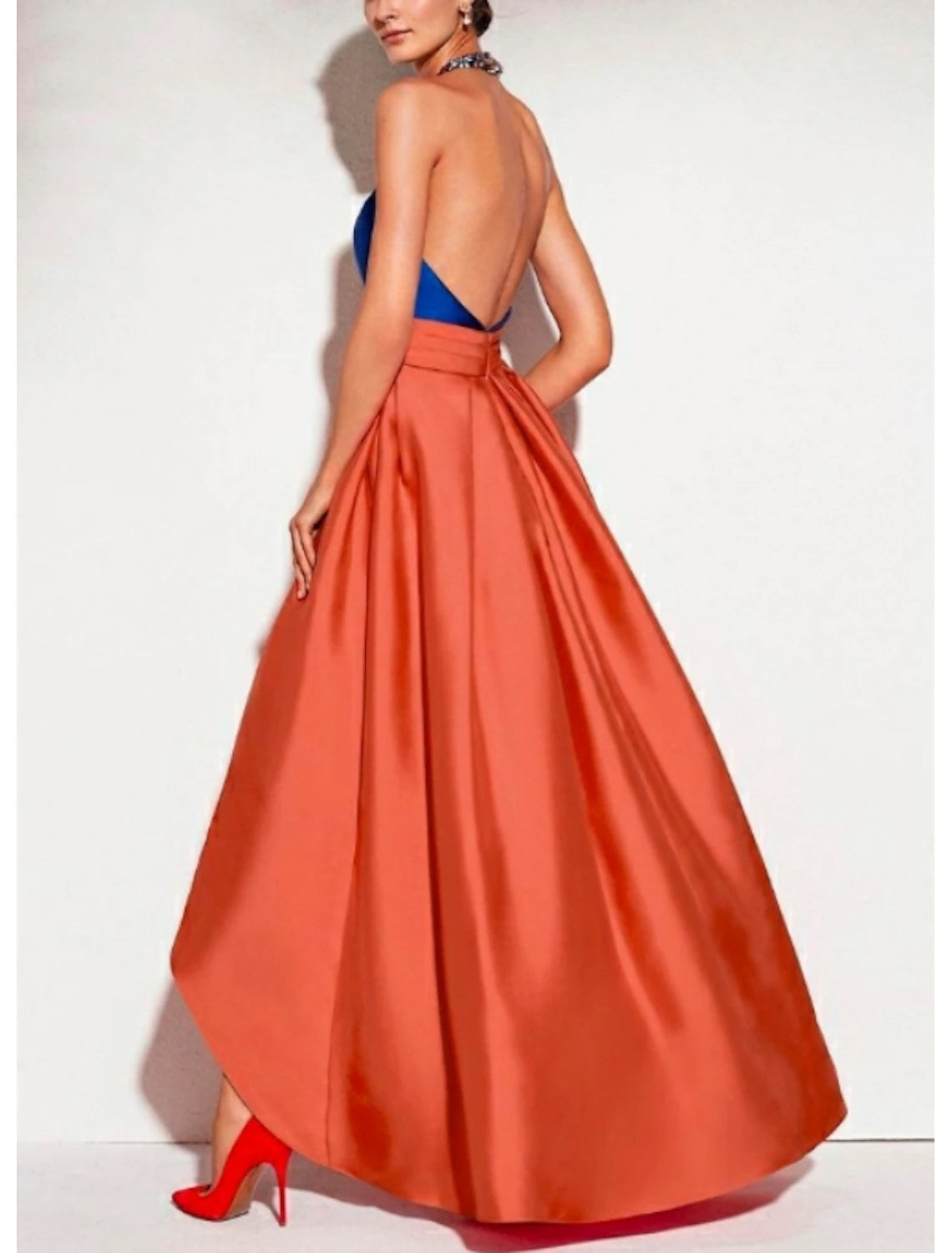 A-Line Prom Dresses Color Block Dress Wedding Guest Formal Evening Asymmetrical Sleeveless Halter Neck Satin with Pleats