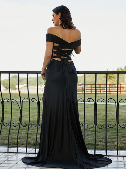 Sheath/Column Jersey Ruched Off-the-Shoulder Sleeveless Sweep/Brush Train Dresses