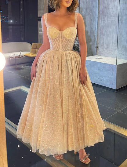 Ball Gown Prom Dresses Corsets Dress Wedding Guest Wedding Party Ankle Length Sleeveless Spaghetti Strap Tulle with Glitter Sequin