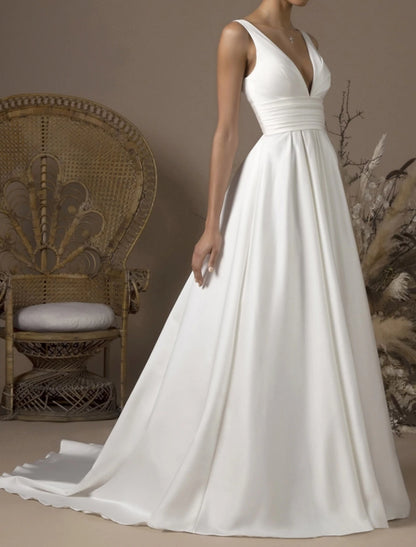 Hall Casual Wedding Dresses A-Line V Neck Sleeveless Sweep / Brush Train Satin Bridal Gowns With Pleats