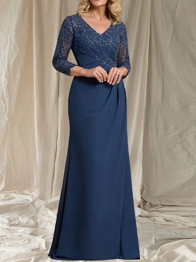 A-Line Mother of the Bride Dress Wedding Guest Elegant V Neck Floor Length Chiffon 3/4 Length Sleeve with Beading Appliques