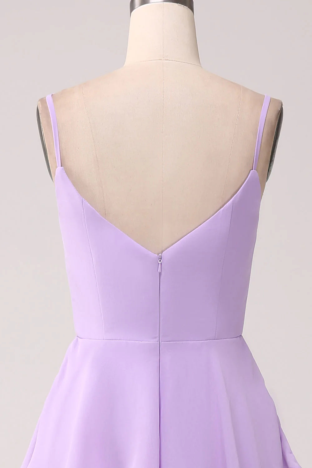 A Line Spaghetti Straps Tiered Chiffon Lilac Bridesmaid Dress With Slit