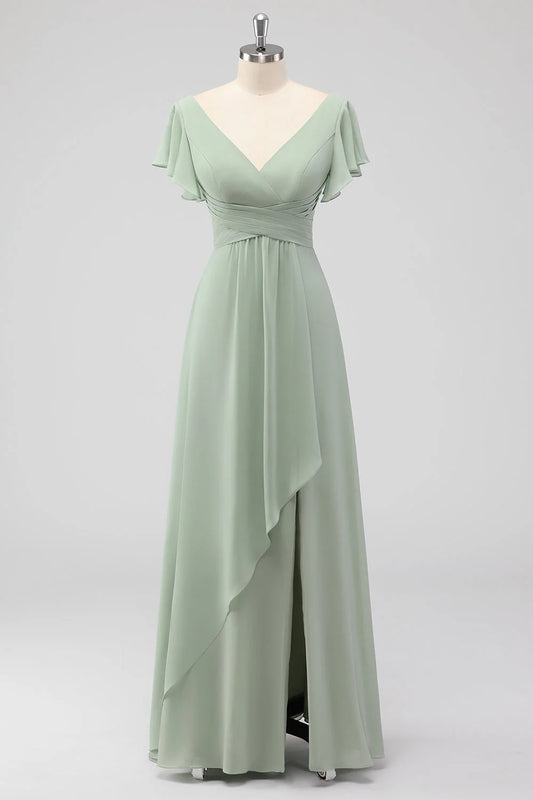 Sage Green A-Line Chiffon V-neck Long Bridesmaid Dress with Short Sleeves