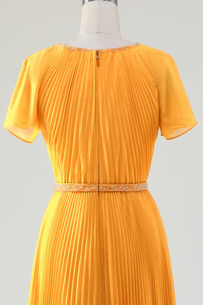 A-Line Round Neck Pleated Yellow Mother Of Bride Dress With Short Sleeves