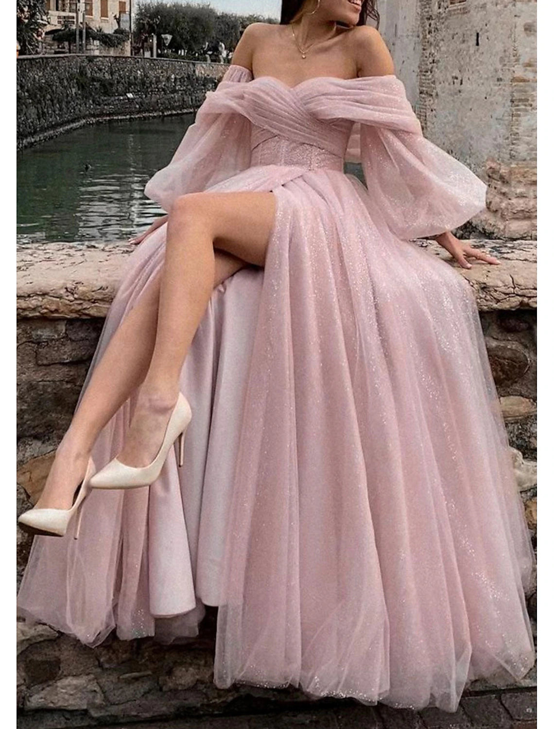 A-Line Prom Dresses Corsets Dress Formal Wedding Party Dress Floor Length Long Sleeve Off Shoulder Tulle with Glitter Ruched Slit dress to impress