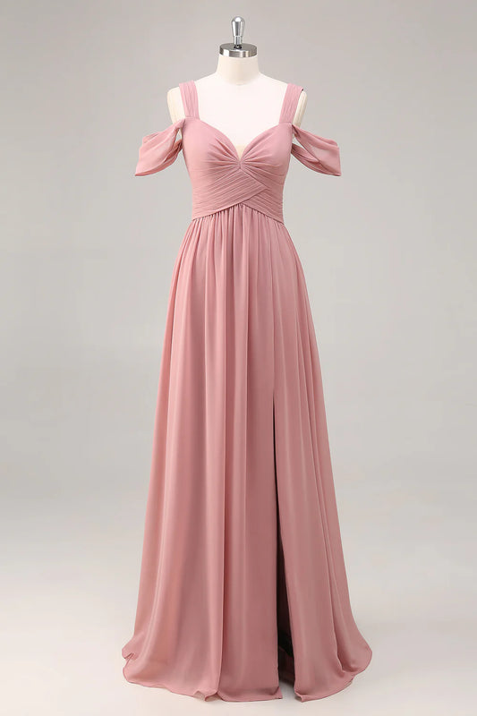 Dusty Rose Cold Shoulder Chiffon Long Bridesmaid Dress with Slit