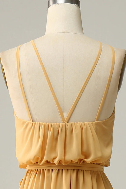 A Line Halter Yellow Long Bridemaid Dress With Bowknot