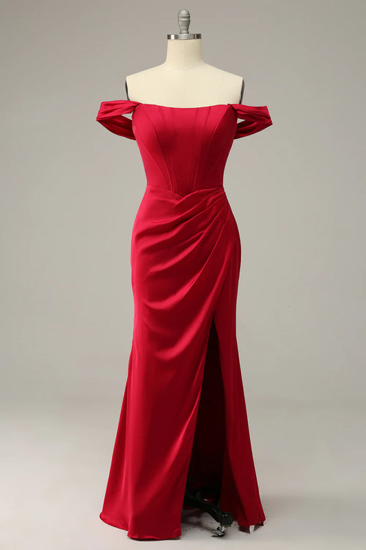 Off The Shoulder Burgundy Sheath Prom Dress