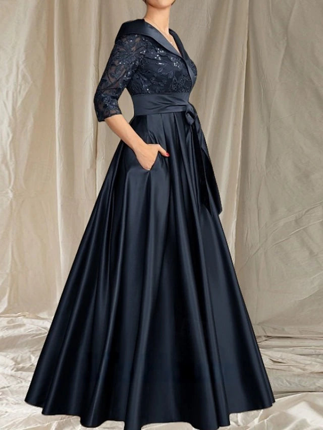 A-Line Mother of the Bride Dress Wedding Guest Elegant V Neck Floor Length Satin Lace 3/4 Length Sleeve with Lace Bow(s) Pleats